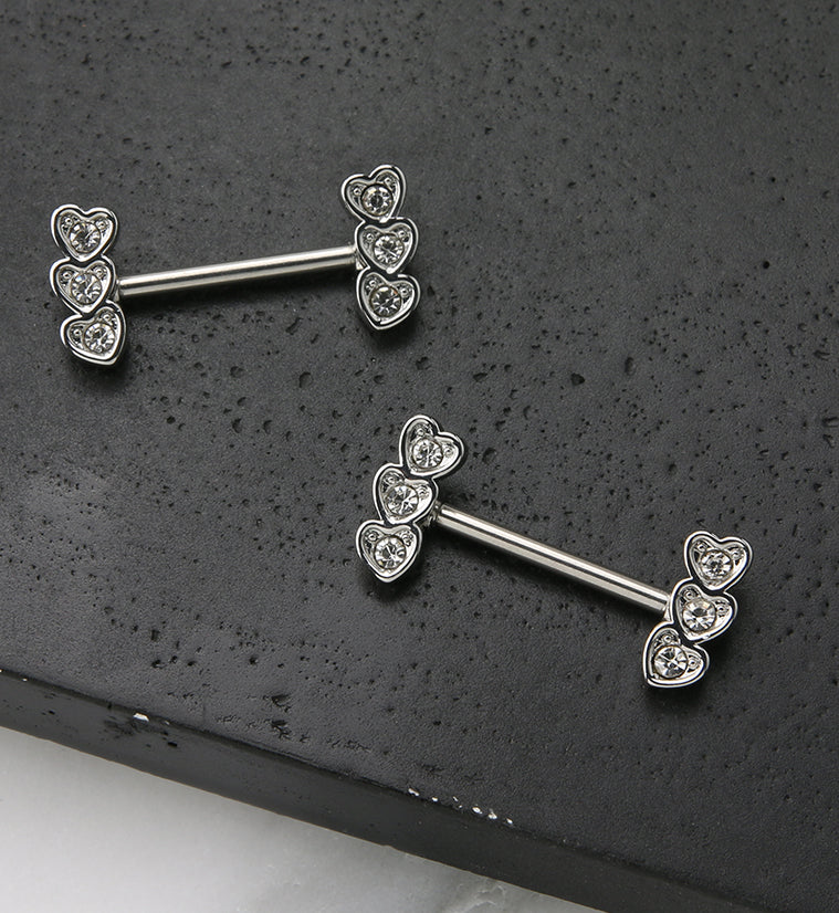 Triple Heart Clear CZ Stainless Steel Nipple Barbell - Image 2