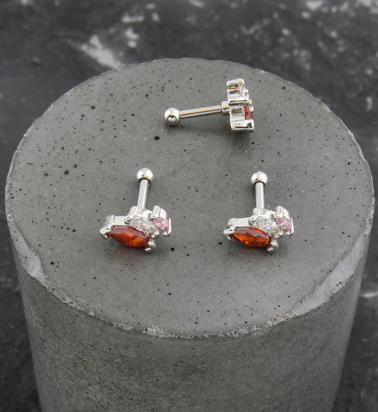 Triple Marquise Amber CZ Stainless Steel Cartilage Barbell - Image 2