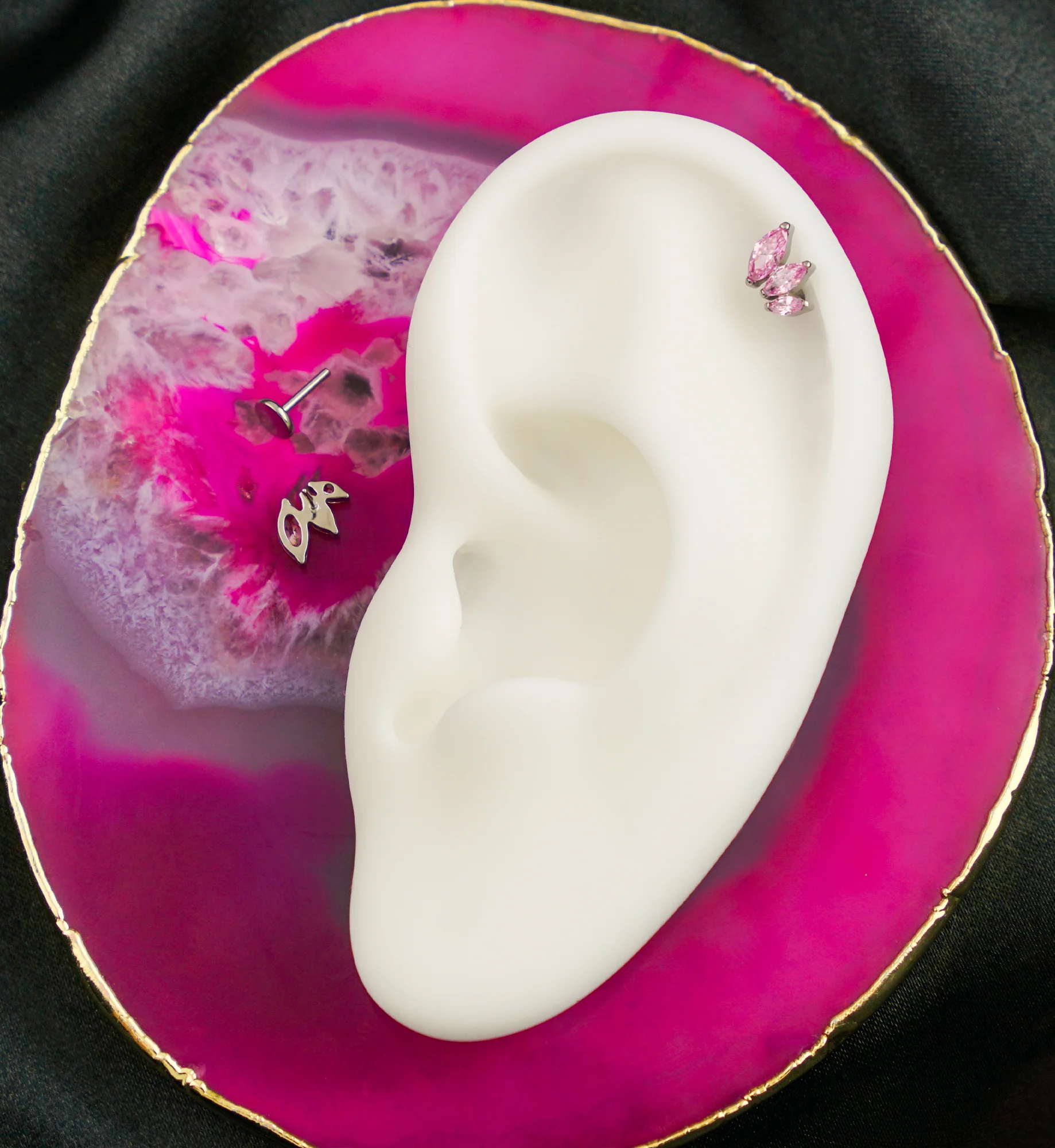 Triple Marquise Pink CZ Titanium Threadless Labret - Image 3