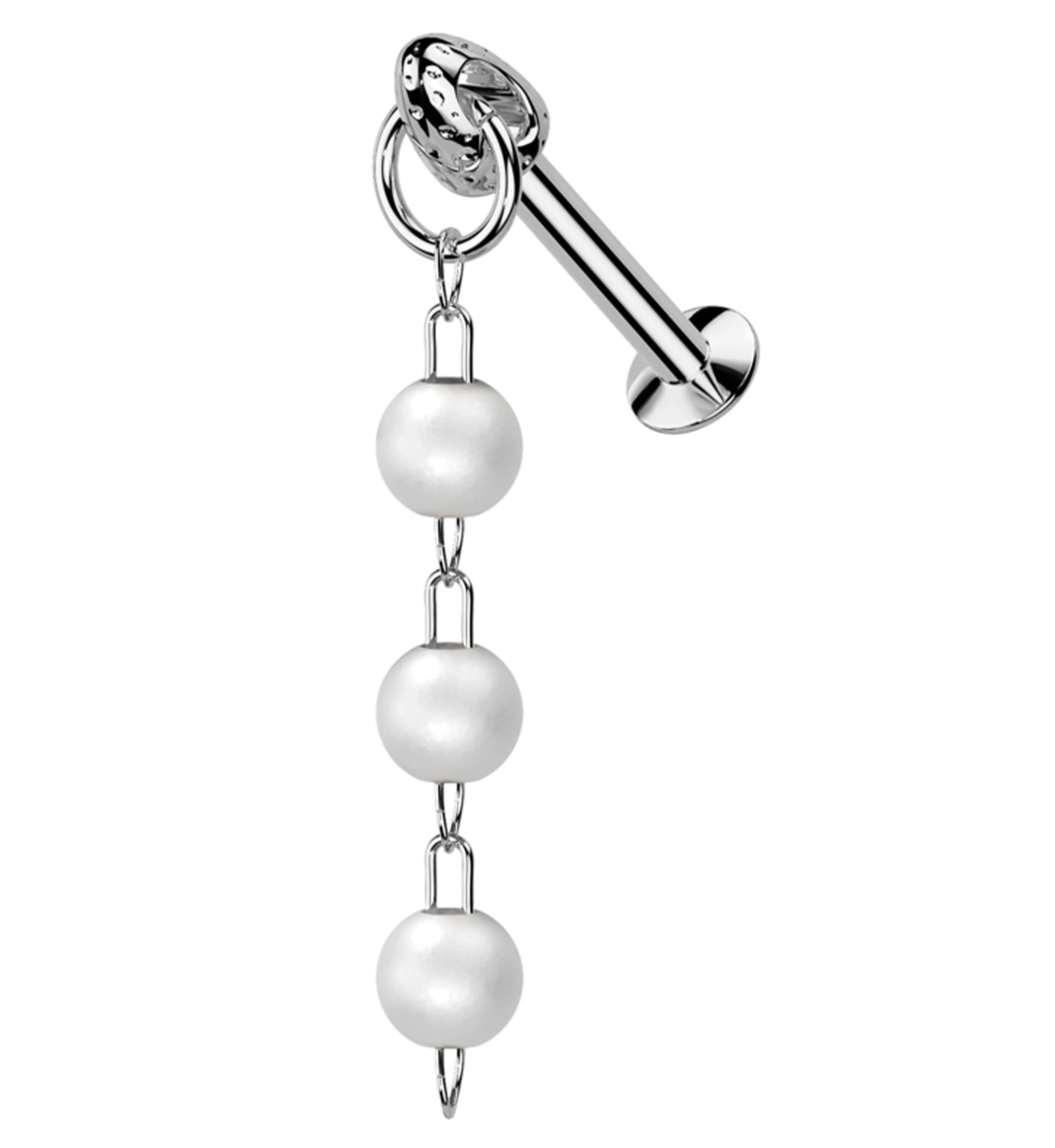 Triple Pearl Dangle Stainless Steel Convex Disc Threadless Labret