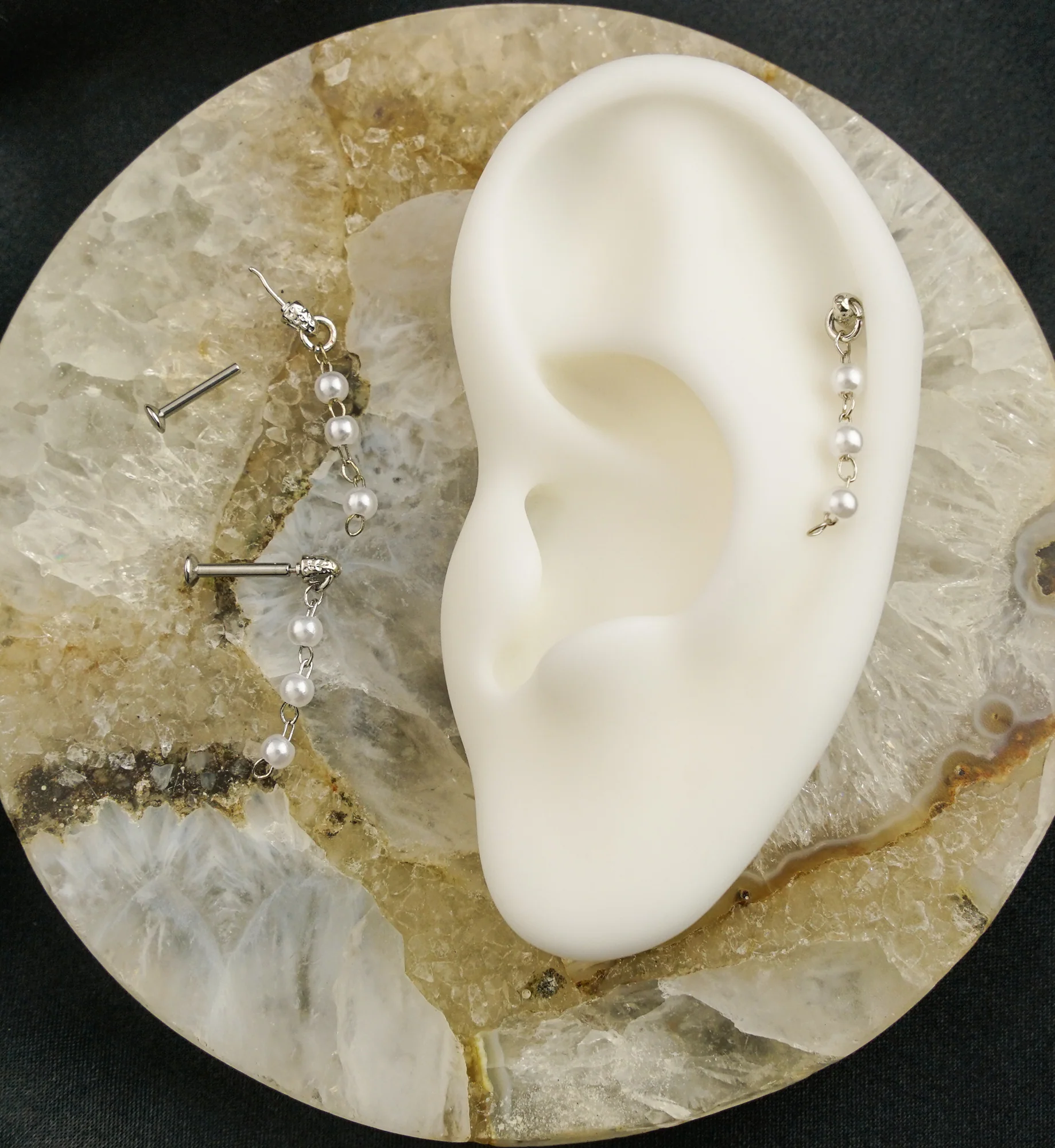 Triple Pearl Dangle Stainless Steel Convex Disc Threadless Labret - Image 2