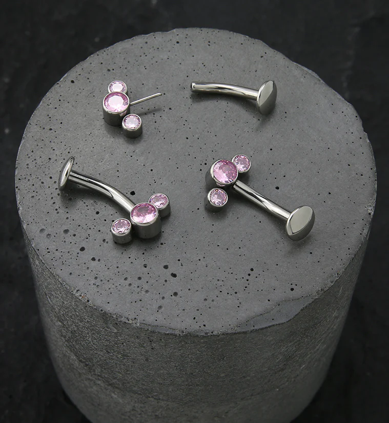 Triple Pink CZ Titanium Threadless Floating Belly Button Ring - Image 2