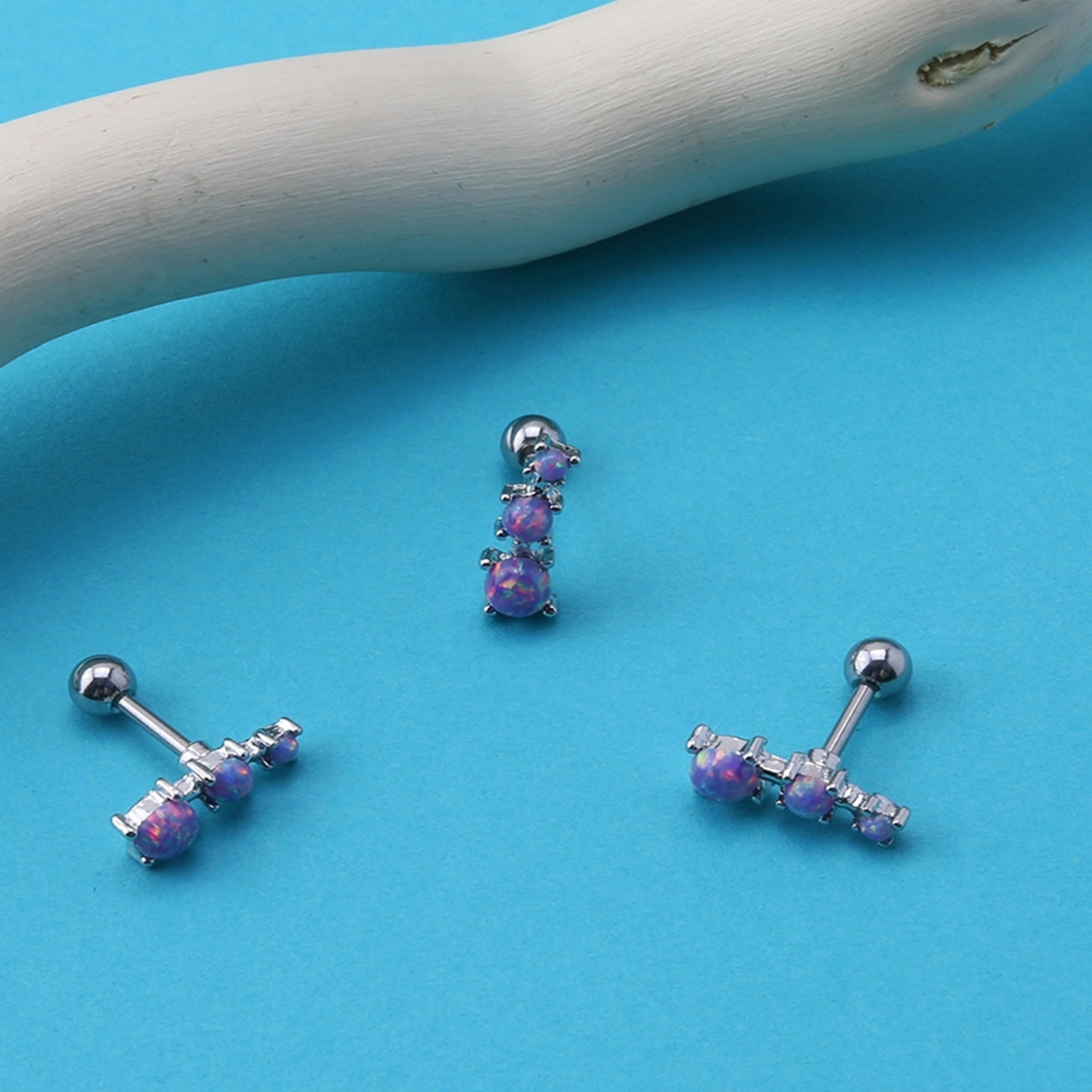 Triple Purple Opalite Ball Cartilage Barbell - Image 2