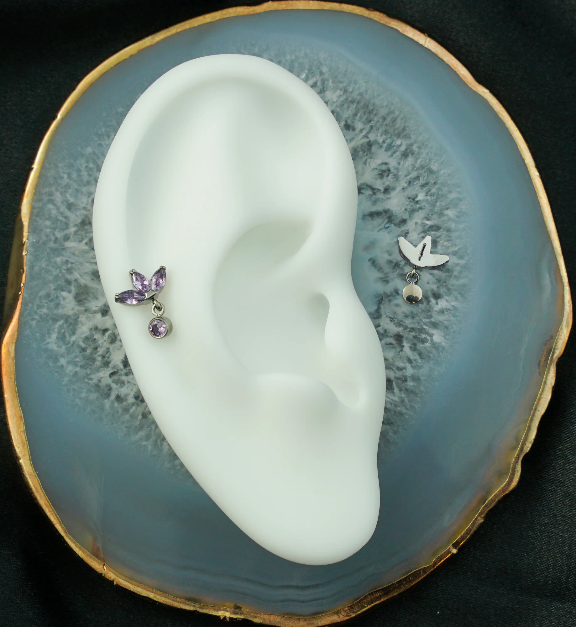 Triple Sepal Marquise Amethyst CZ Bezel Dangle Titanium Threadless Top - Image 2