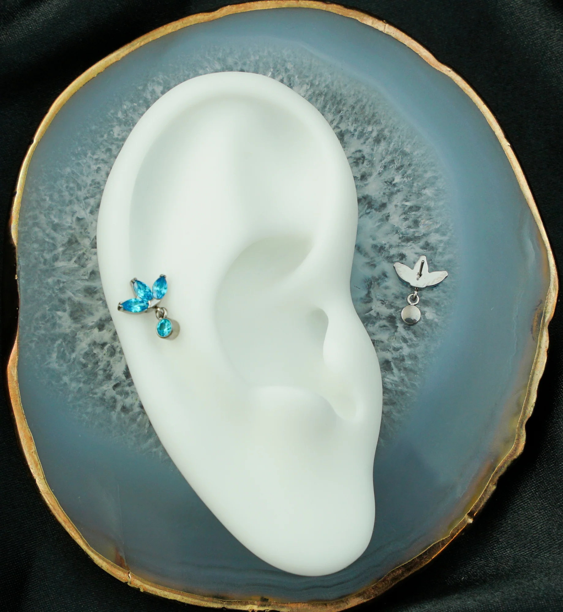 Triple Sepal Marquise Blue Topaz CZ Bezel Dangle Titanium Threadless Top - Image 2