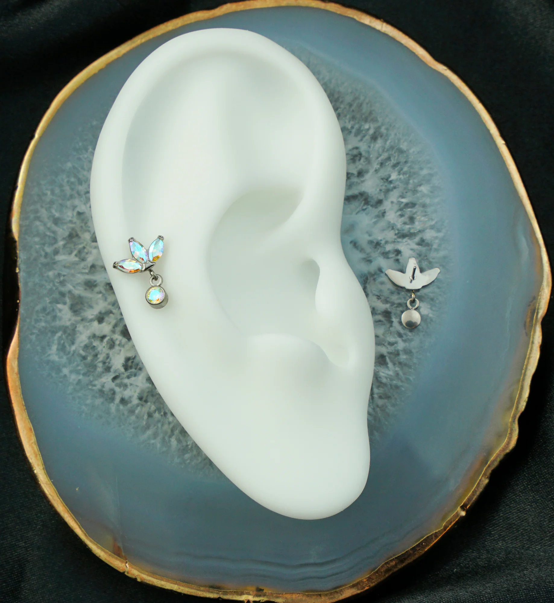 Triple Sepal Marquise Rainbow Aurora CZ Bezel Dangle Titanium Threadless Top - Image 2