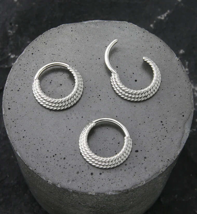 Triple Stacked Twist Stainless Steel Hinged Segment Ring - Image 2