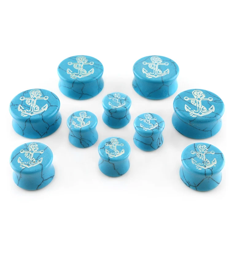 Turquoise Anchor Engraved Stone Plugs - Image 2