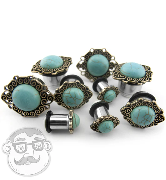 Turquoise Stone Cabochon Front Steel Plugs - Image 2