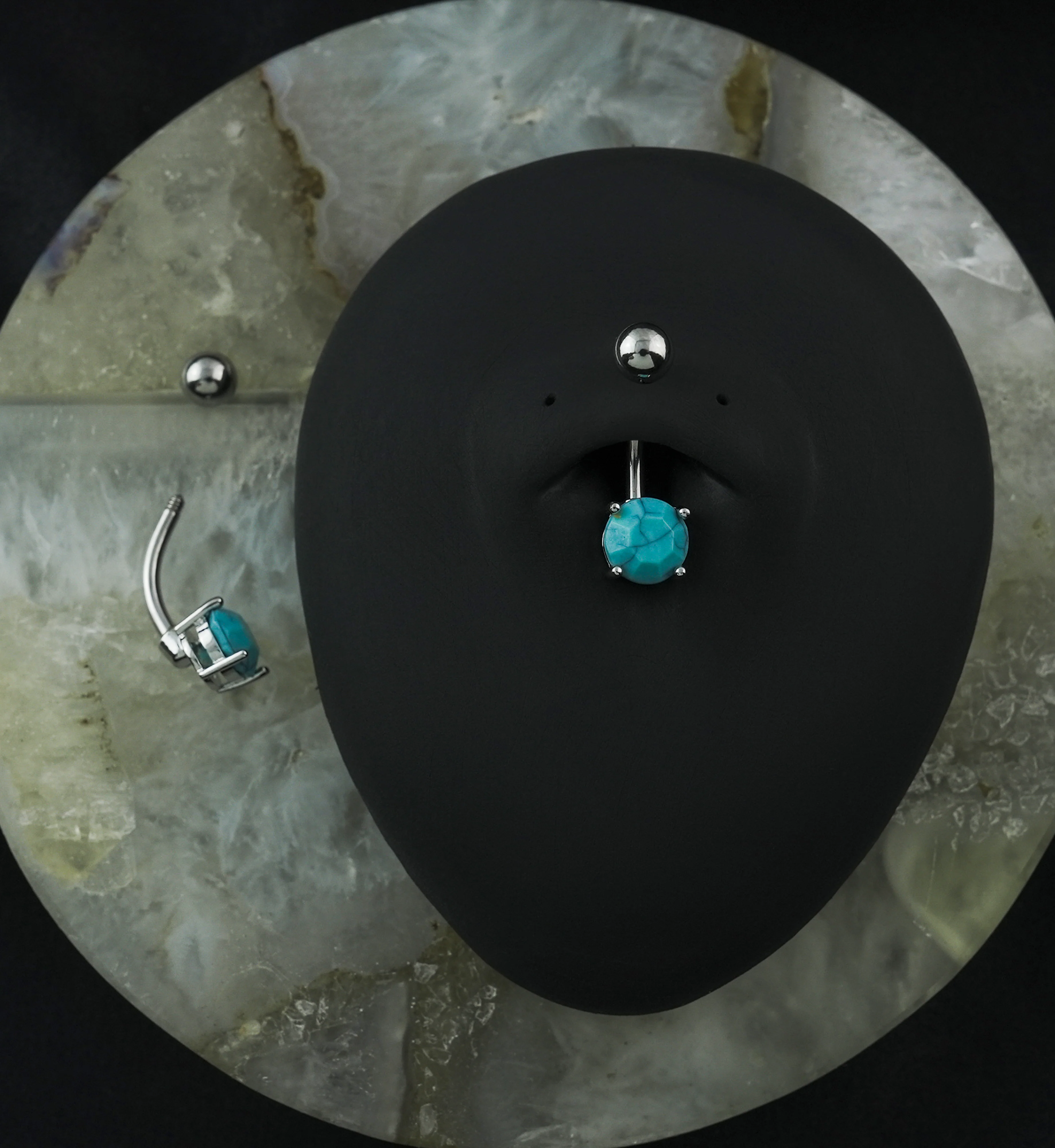 Turquoise Stone Prong Stainless Steel Belly Button Ring - Image 2