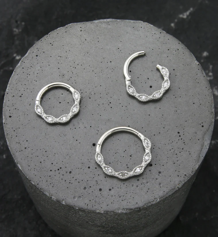 Twist Beaded Clear CZ Stainless Steel Hinged Segment Ring - Image 2