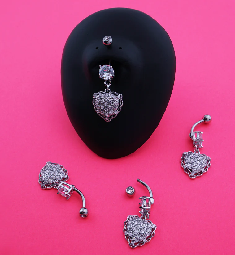Twist Heart Pave Clear CZ Dangle Stainless Steel Belly Button Ring - Image 2