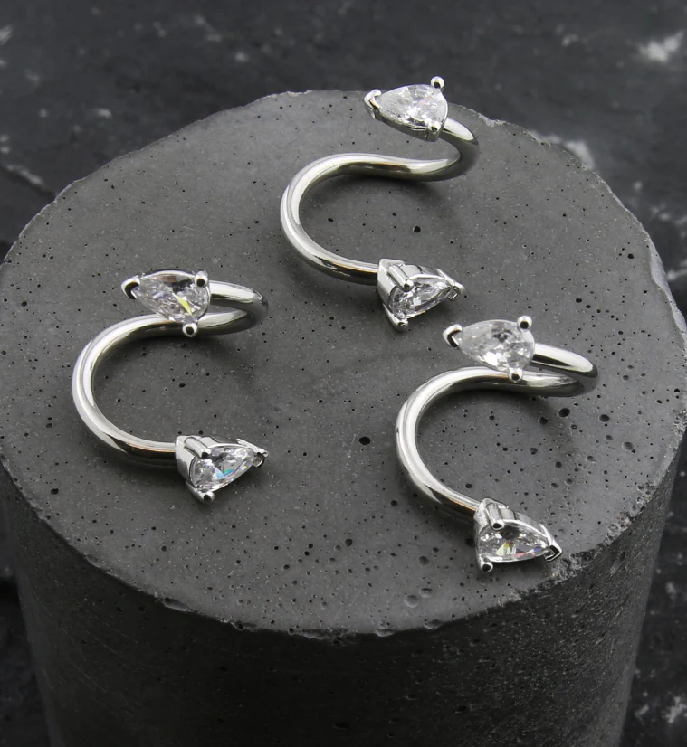 Twisted Clear Teardrop CZ Stainless Steel Barbell - Image 2