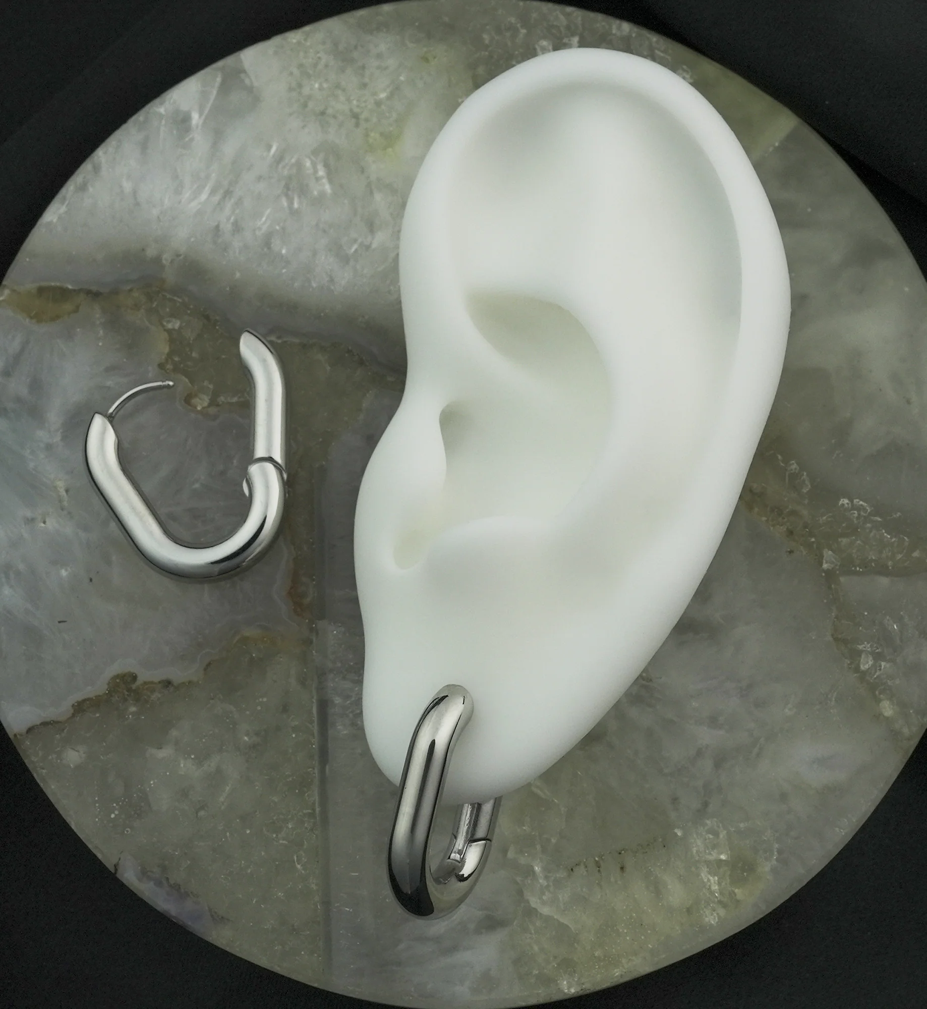 Ovate Stainless Steel Hinged Hoop Huggie Earrings - Image 2