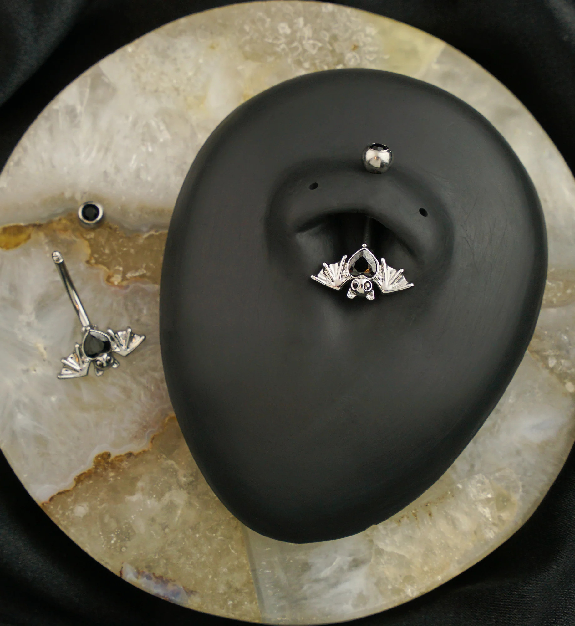 Upside Down Bat Black Heart CZ Stainless Steel Belly Button Ring - Image 2
