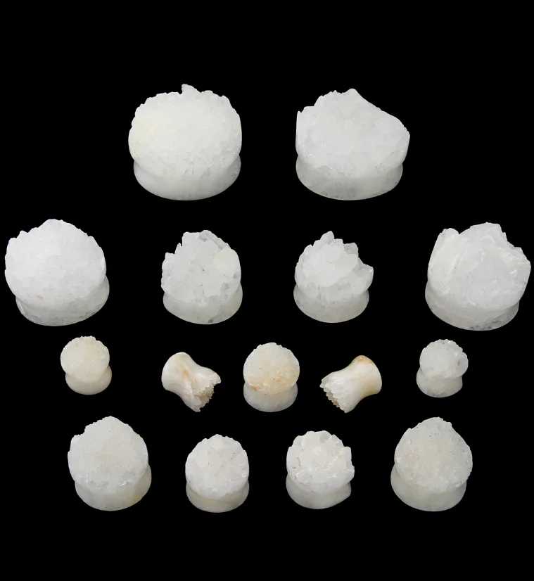 Raw White Quartz Druzy Stone Teardrop Plugs - Image 4