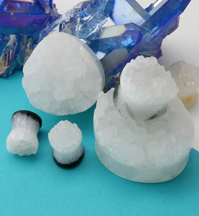 Raw White Quartz Druzy Stone Teardrop Plugs - Image 5