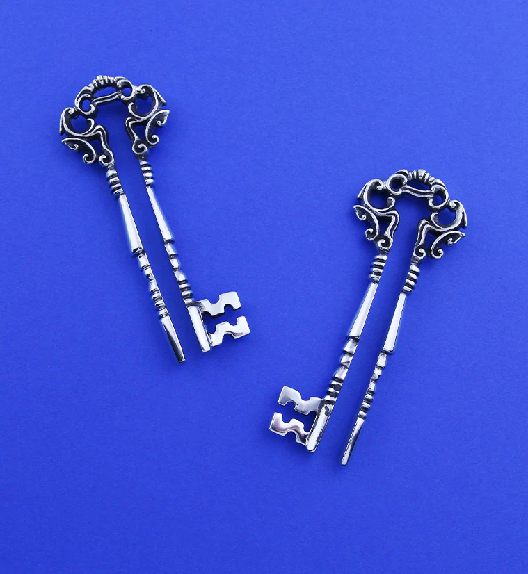 White Brass Skeleton Key Ear Weights - Image 3