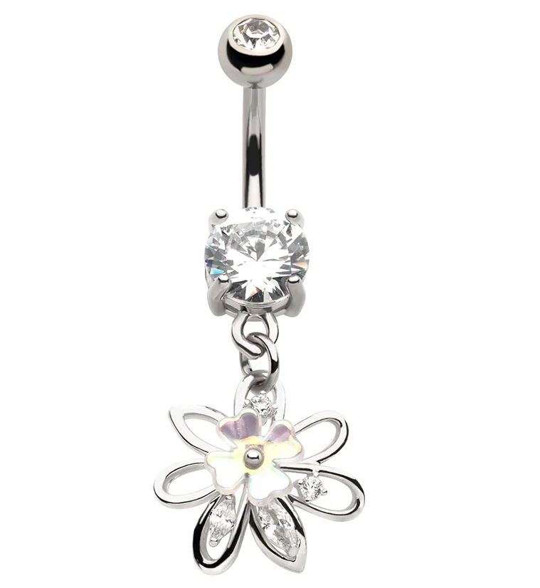 White Clover Flower Dangle Stainless Steel Belly Button Ring