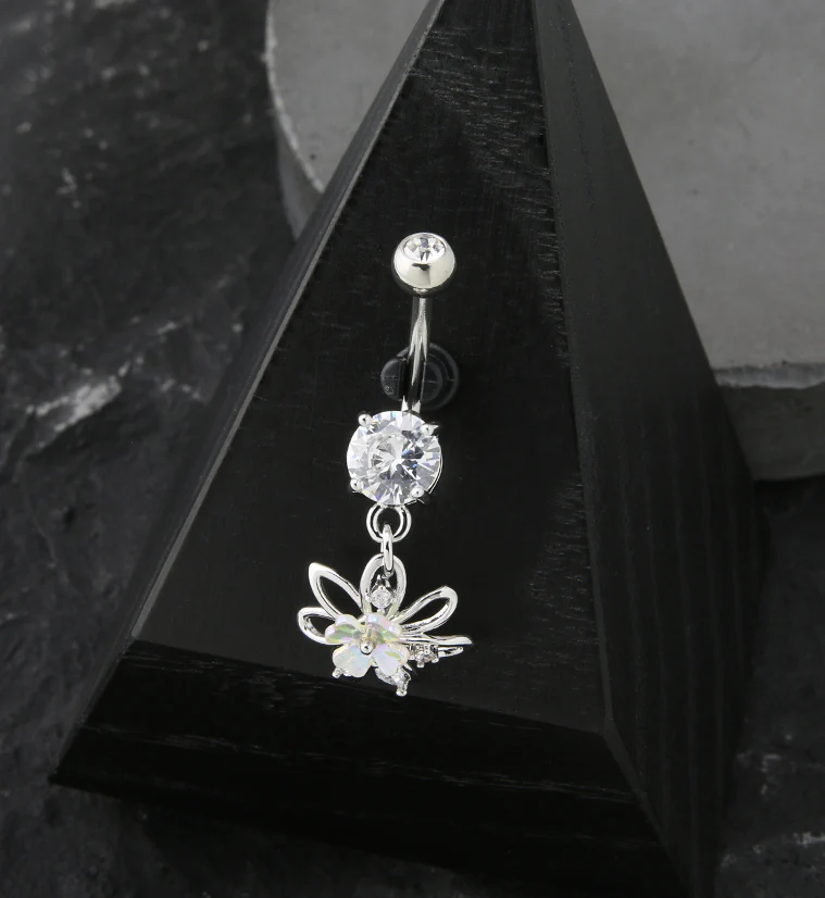 White Clover Flower Dangle Stainless Steel Belly Button Ring - Image 2