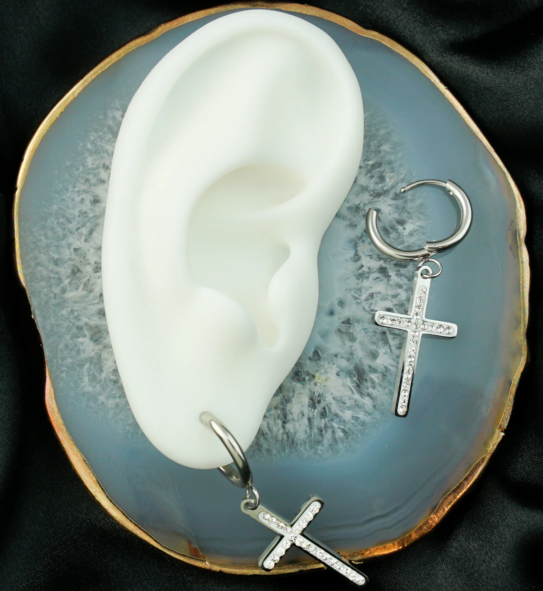 White Cross Clear CZ Stainless Steel Hoop Earrings - Image 2