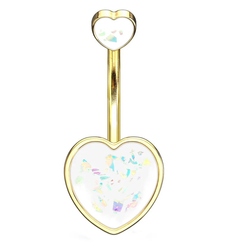 White Glitter Solid Heart Gold Belly Ring