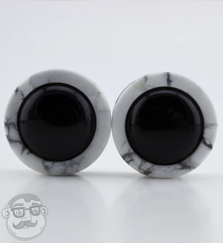White Howlite Stone Plugs with Obsidian Stone Inlay - Image 3