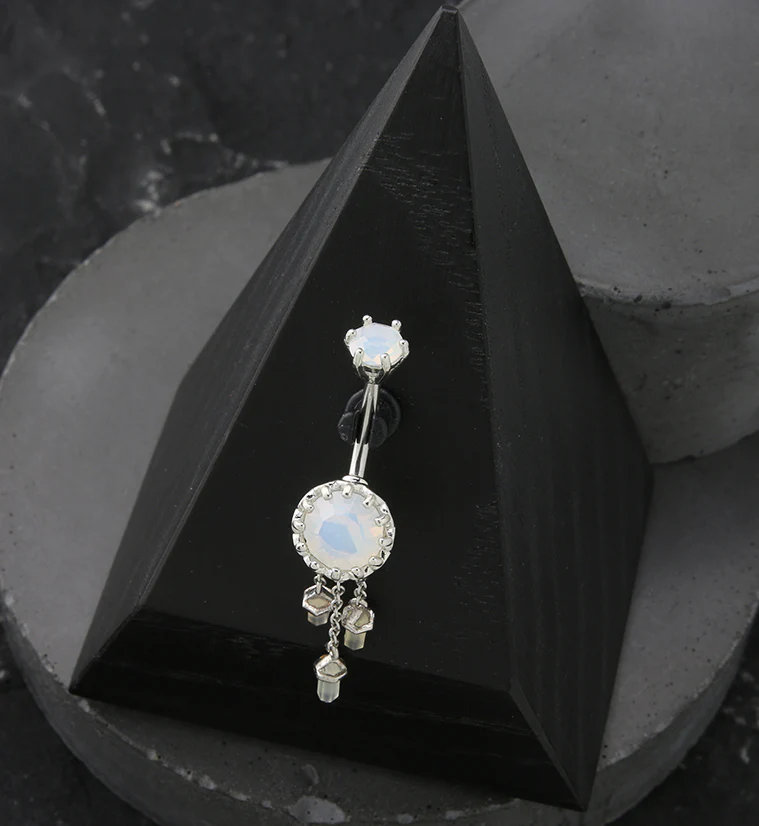 White Opalite Crystal Dangle Stainless Steel Belly Button Ring - Image 2