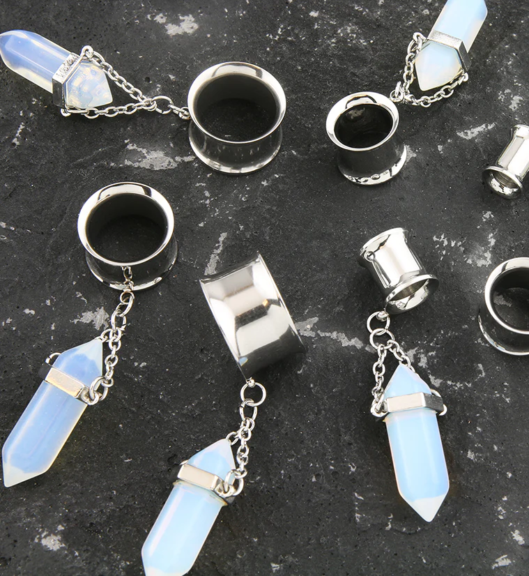 White Opalite Crystal Dangle Stainless Steel Tunnel Plugs - Image 2