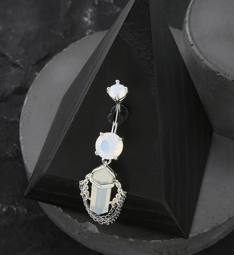 White Opalite Crystal Multi Dangle Chain Stainless Steel Belly Button Ring - Image 2