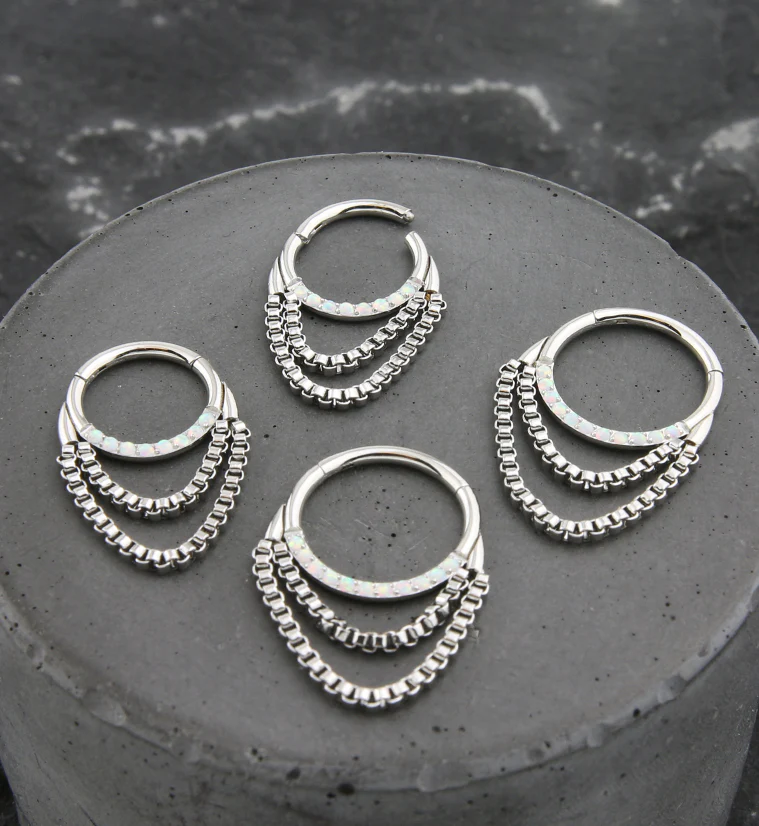 White Opalite Double Dangle Chain Titanium Hinged Segment Ring - Image 2