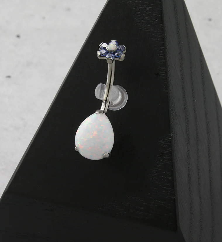 White Opalite Teardrop Tanzanite CZ Flower Titanium Belly Button Ring - Image 2