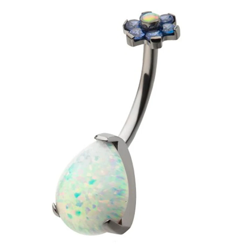 White Opalite Teardrop Tanzanite CZ Flower Titanium Belly Button Ring - Image 3