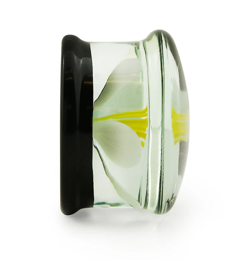 White Poppy Flower Black Glass Double Flare Plugs - Image 4