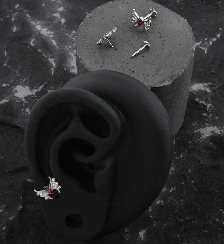 Wings Red CZ Threadless Titanium Flower Back Labret - Image 2