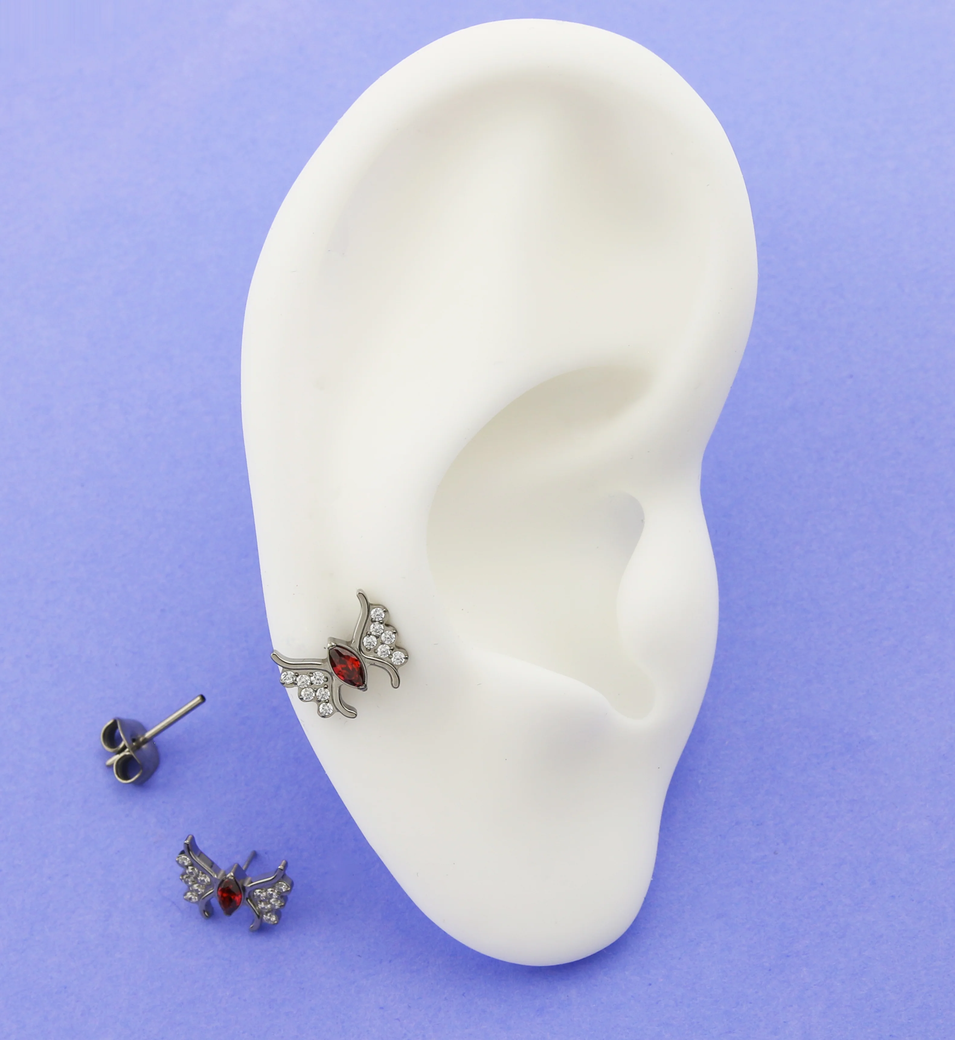 Wings Red CZ Titanium Threadless Stud Earrings - Image 2