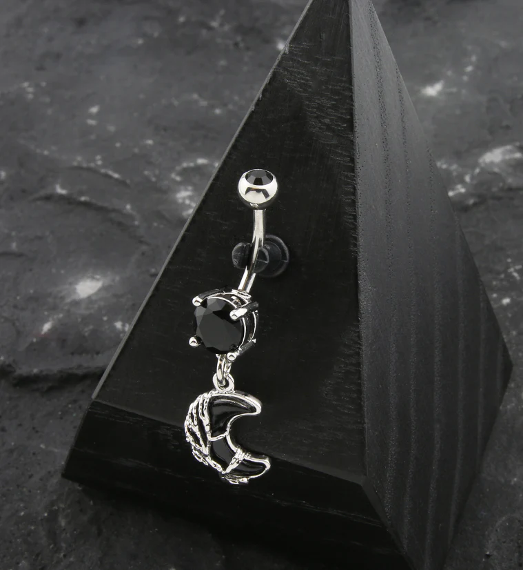 Wire Moon Black Opalite Black CZ Stainless Steel Belly Button Ring - Image 2