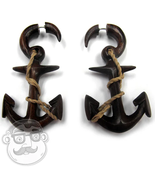 Wooden Anchor Fake Gauge Tribal Earrings (19G - 0.9mm) - Image 2