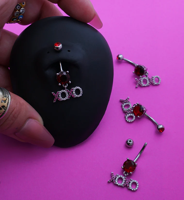 XOXO Red CZ Stainless Steel Belly Button Ring - Image 2