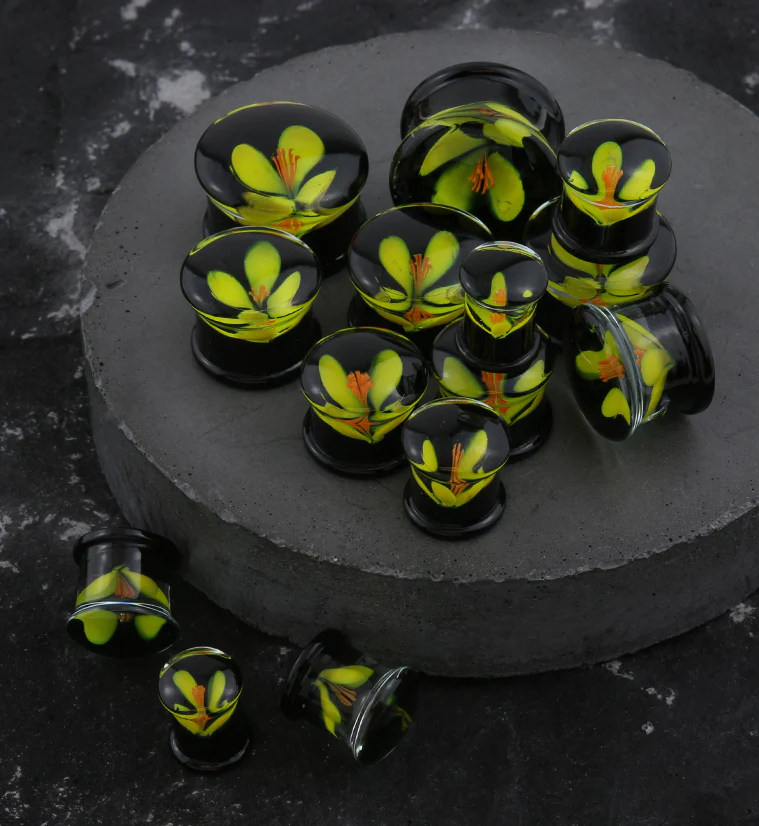 Yellow Poppy Flower Black Glass Double Flare Plugs - Image 2