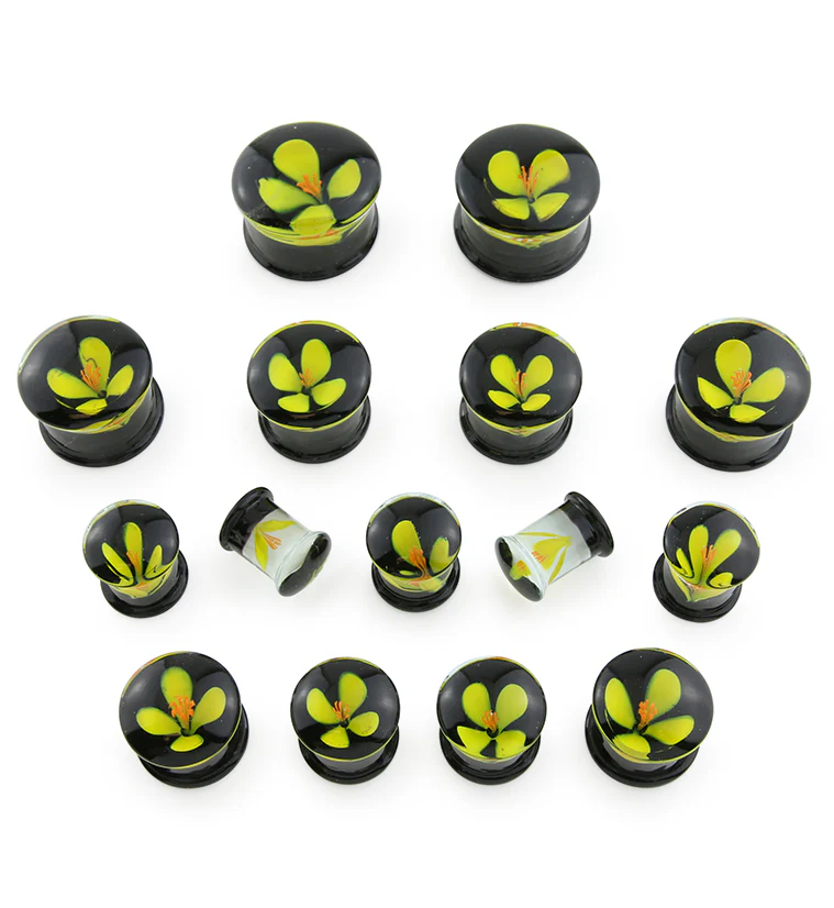 Yellow Poppy Flower Black Glass Double Flare Plugs - Image 3