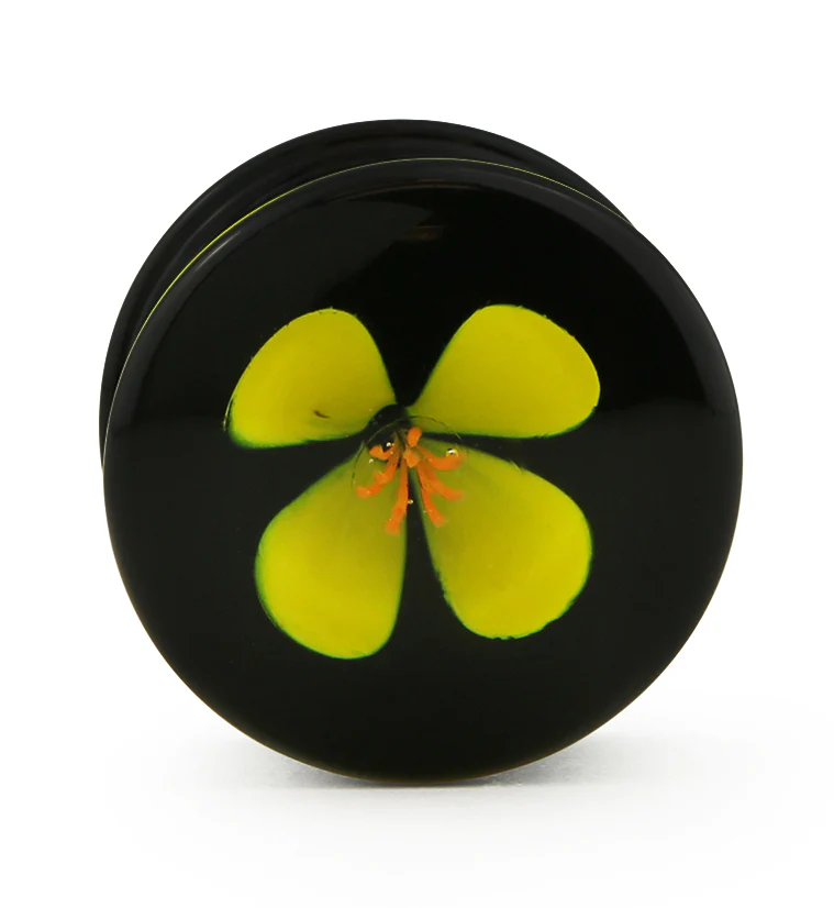 Yellow Poppy Flower Black Glass Double Flare Plugs - Image 4