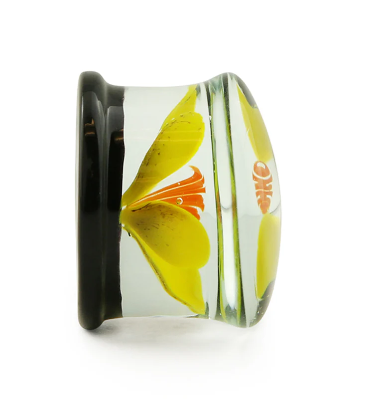 Yellow Poppy Flower Black Glass Double Flare Plugs - Image 5