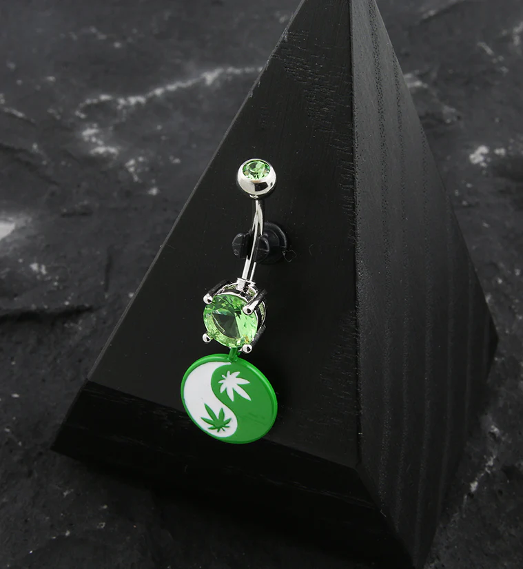 Yin Yang Hemp Leaf Green CZ Stainless Steel Belly Button Ring - Image 2
